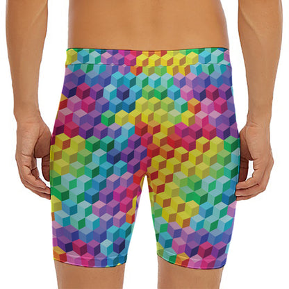 Rainbow Cubes Pattern Print Men's Long Boxer Briefs