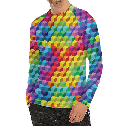 Rainbow Cubes Pattern Print Men's Long Sleeve Rash Guard