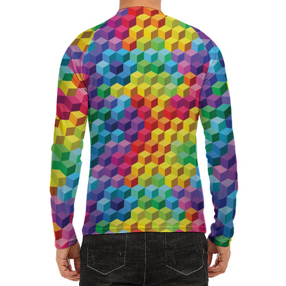 Rainbow Cubes Pattern Print Men's Long Sleeve Rash Guard