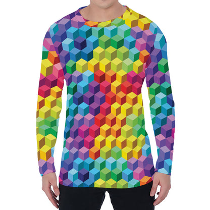Rainbow Cubes Pattern Print Men's Long Sleeve T-Shirt