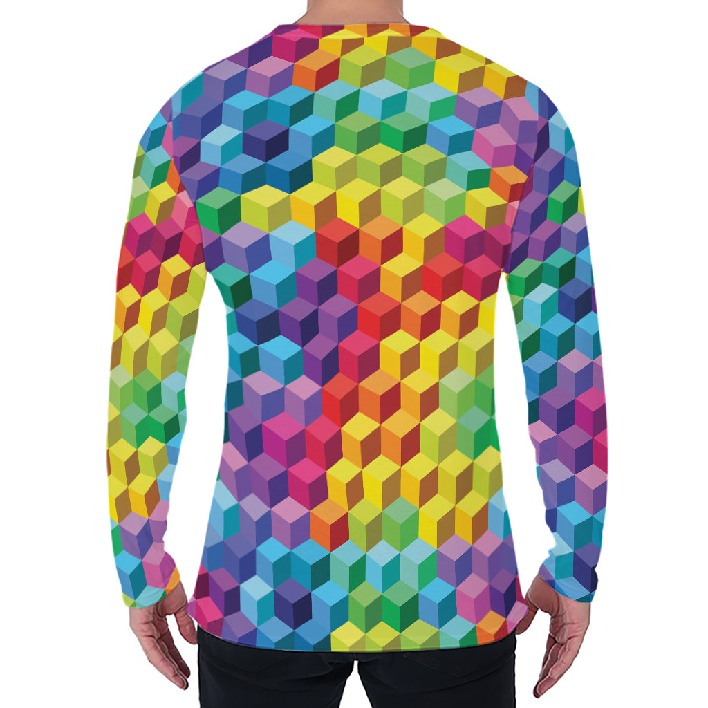Rainbow Cubes Pattern Print Men's Long Sleeve T-Shirt