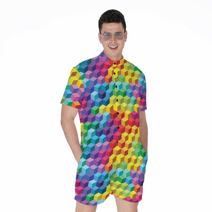 Rainbow Cubes Pattern Print Men's Rompers