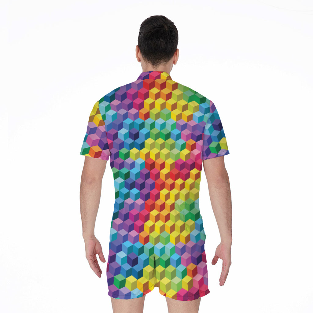 Rainbow Cubes Pattern Print Men's Rompers