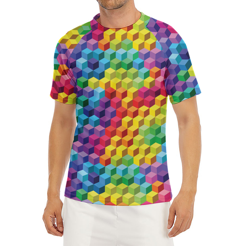 Rainbow Cubes Pattern Print Men's Short Sleeve Rash Guard