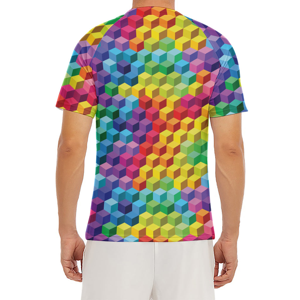 Rainbow Cubes Pattern Print Men's Short Sleeve Rash Guard