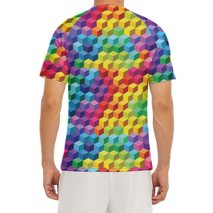 Rainbow Cubes Pattern Print Men's Short Sleeve Rash Guard