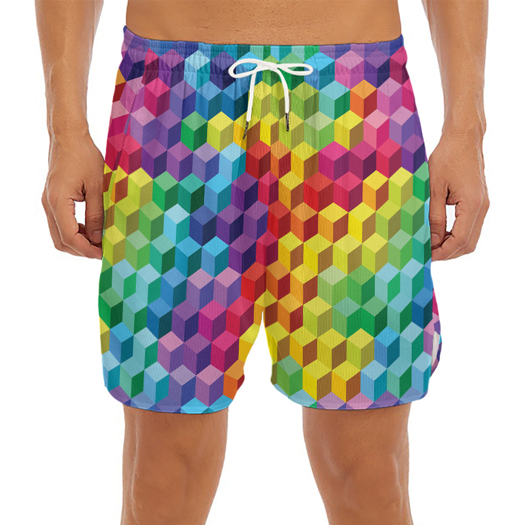 Rainbow Cubes Pattern Print Men's Split Running Shorts