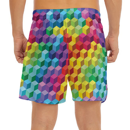 Rainbow Cubes Pattern Print Men's Split Running Shorts