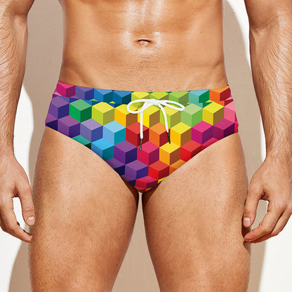 Rainbow Cubes Pattern Print Men's Swim Briefs
