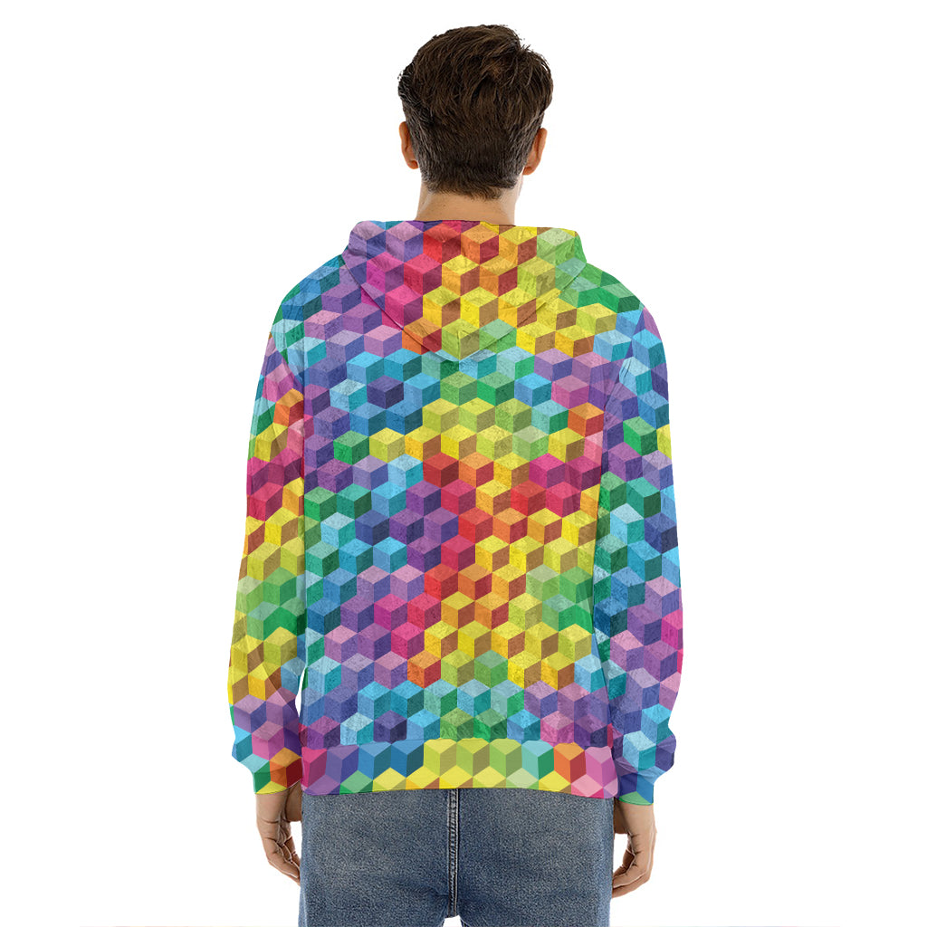 Rainbow Cubes Pattern Print Men's Velvet Pullover Hoodie