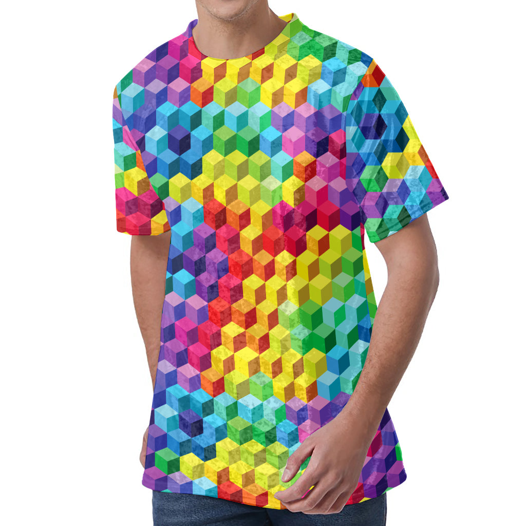 Rainbow Cubes Pattern Print Men's Velvet T-Shirt