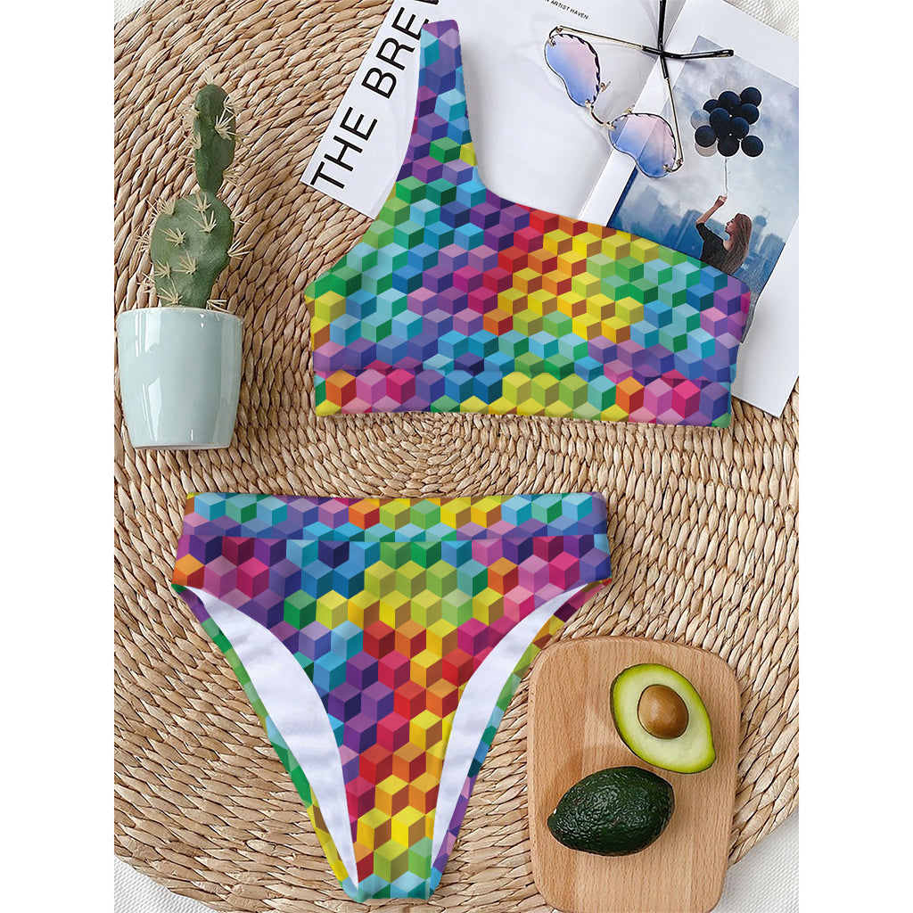 Rainbow Cubes Pattern Print One Shoulder Bikini Top