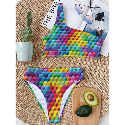 Rainbow Cubes Pattern Print One Shoulder Bikini Top