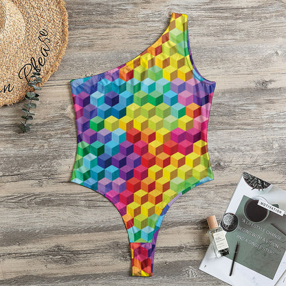 Rainbow Cubes Pattern Print One Shoulder Bodysuit