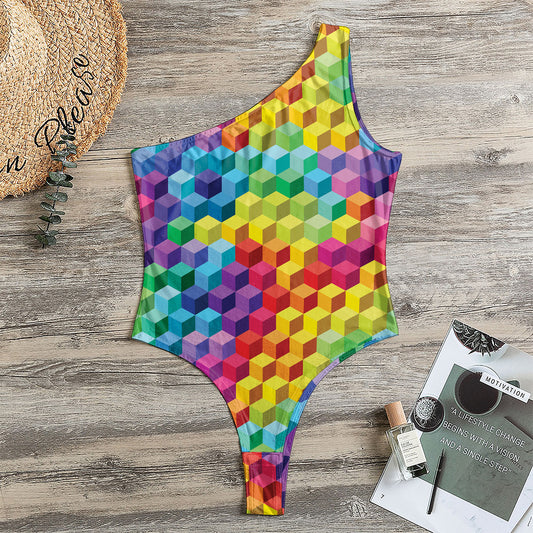 Rainbow Cubes Pattern Print One Shoulder Bodysuit