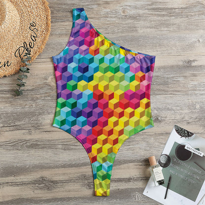 Rainbow Cubes Pattern Print One Shoulder Bodysuit