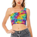 Rainbow Cubes Pattern Print One Shoulder Crop Top