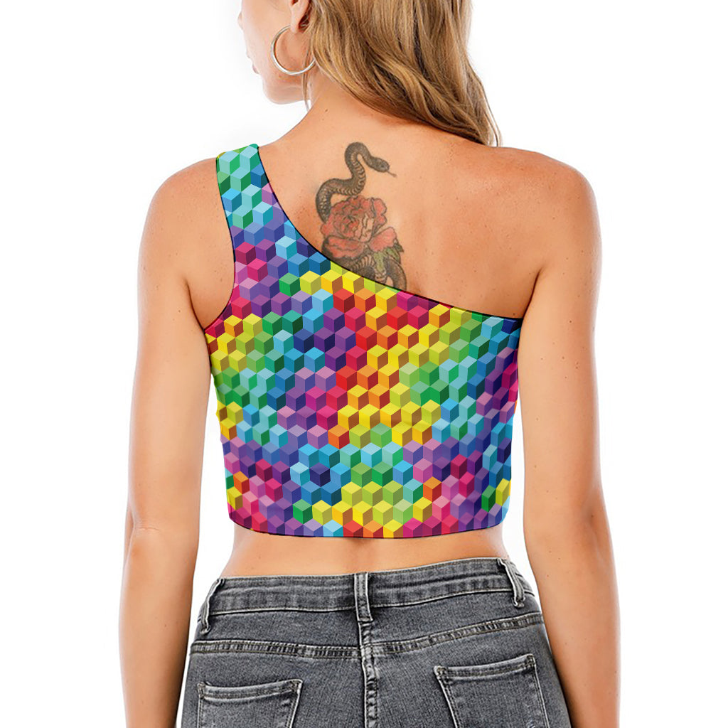 Rainbow Cubes Pattern Print One Shoulder Crop Top