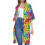 Rainbow Cubes Pattern Print Open Front Beach Cover Up