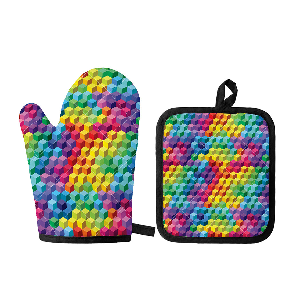 Rainbow Cubes Pattern Print Oven Mitt And Pot Holder Set