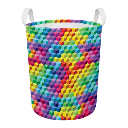 Rainbow Cubes Pattern Print Round Laundry Basket