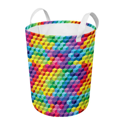 Rainbow Cubes Pattern Print Round Laundry Basket