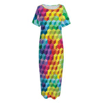 Rainbow Cubes Pattern Print Short Sleeve Long Nightdress