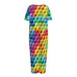 Rainbow Cubes Pattern Print Short Sleeve Long Nightdress