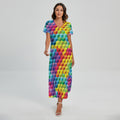 Rainbow Cubes Pattern Print Short Sleeve Maxi Dress