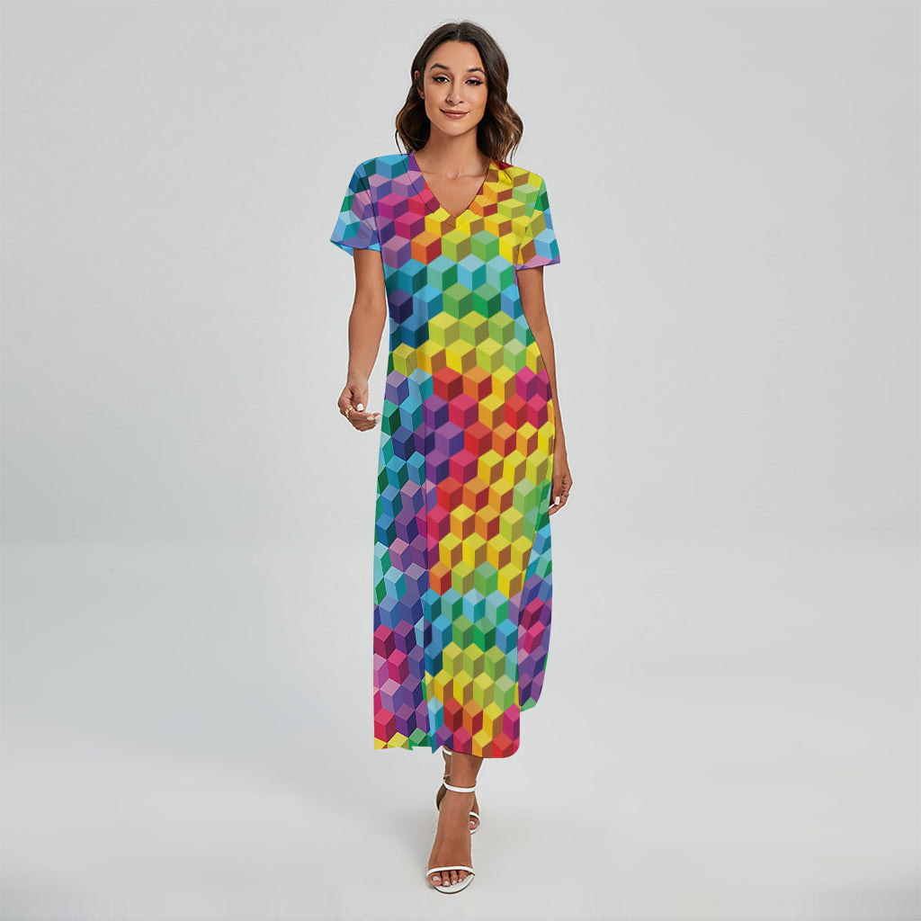 Rainbow Cubes Pattern Print Short Sleeve Maxi Dress
