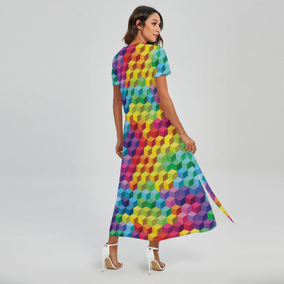Rainbow Cubes Pattern Print Short Sleeve Maxi Dress