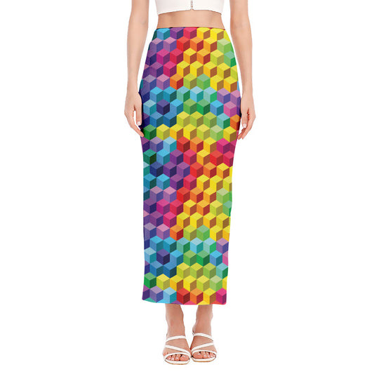 Rainbow Cubes Pattern Print Side Slit Maxi Skirt