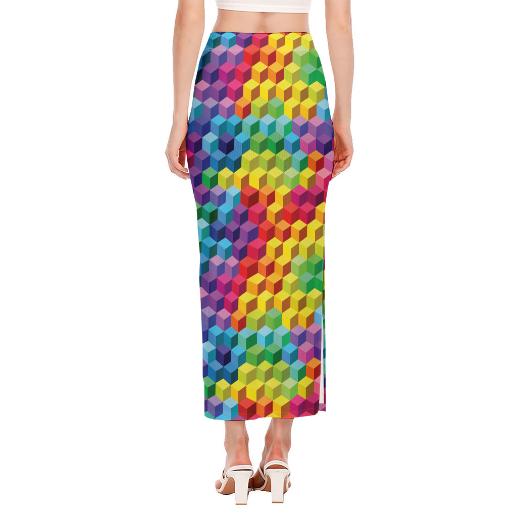 Rainbow Cubes Pattern Print Side Slit Maxi Skirt