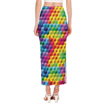 Rainbow Cubes Pattern Print Side Slit Maxi Skirt