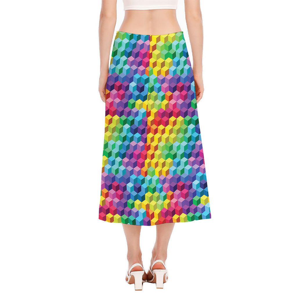 Rainbow Cubes Pattern Print Side Slit Midi Skirt