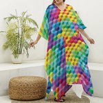 Rainbow Cubes Pattern Print Silk V-Neck Kaftan Dress