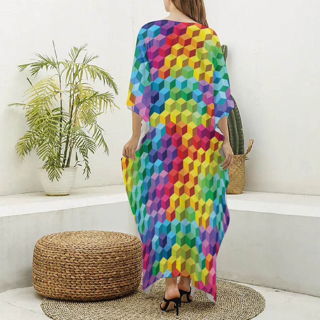 Rainbow Cubes Pattern Print Silk V-Neck Kaftan Dress