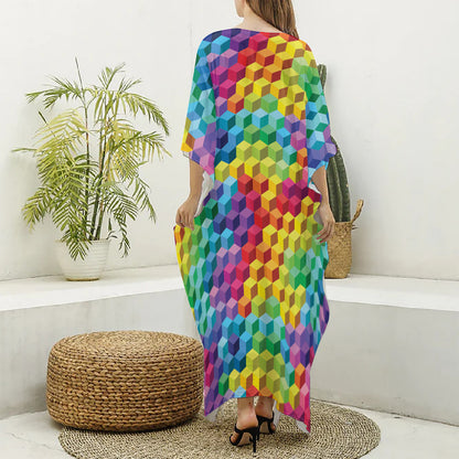 Rainbow Cubes Pattern Print Silk V-Neck Kaftan Dress