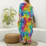 Rainbow Cubes Pattern Print Silk V-Neck Kaftan Dress
