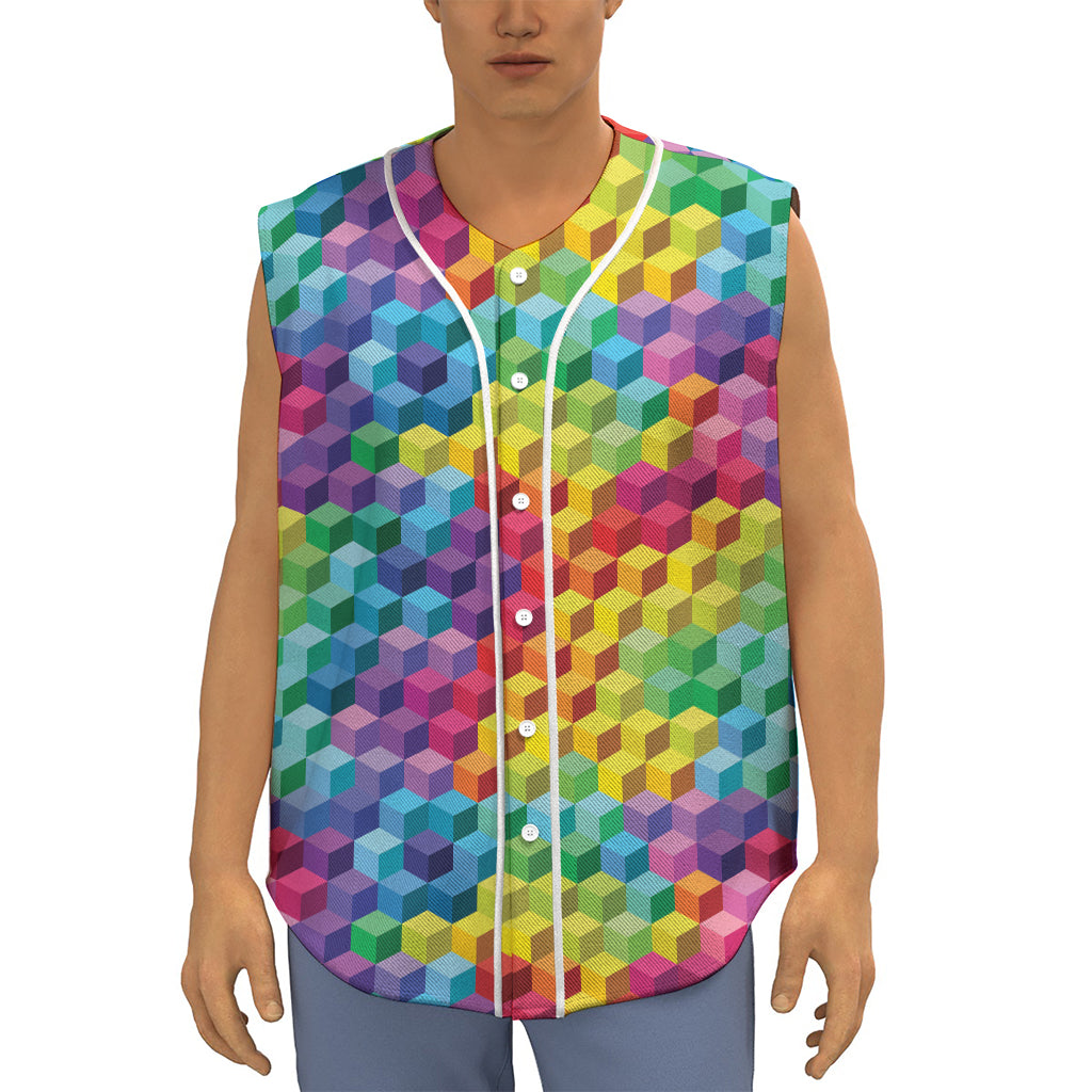 Rainbow Cubes Pattern Print Sleeveless Baseball Jersey