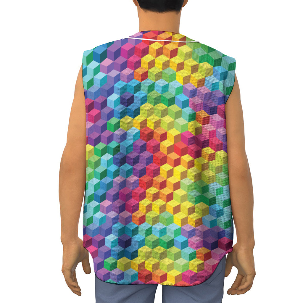Rainbow Cubes Pattern Print Sleeveless Baseball Jersey