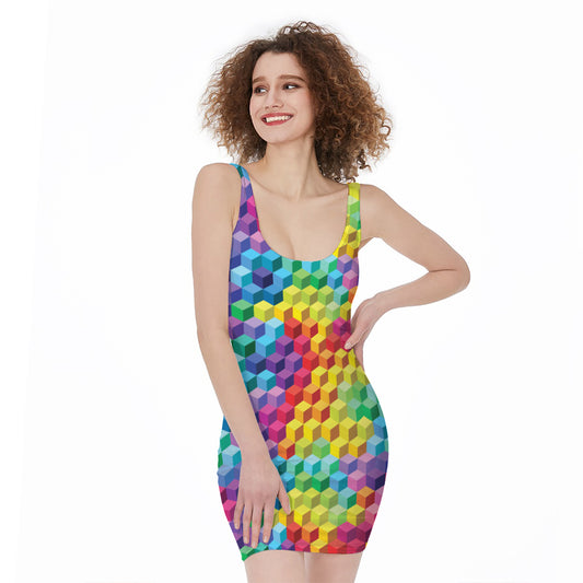 Rainbow Cubes Pattern Print Sleeveless Bodycon Dress