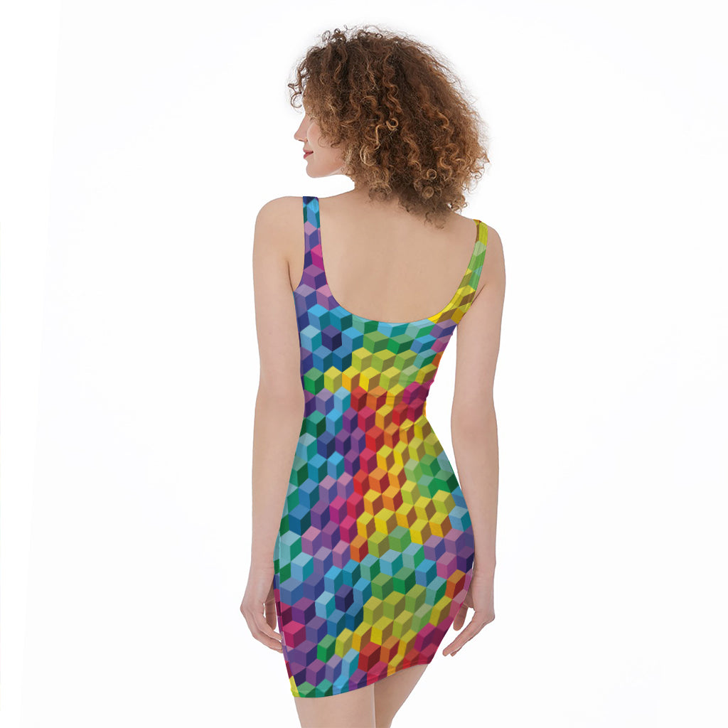Rainbow Cubes Pattern Print Sleeveless Bodycon Dress