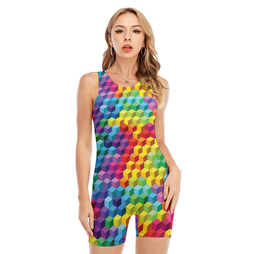 Rainbow Cubes Pattern Print Sleeveless One Piece Swimsuit