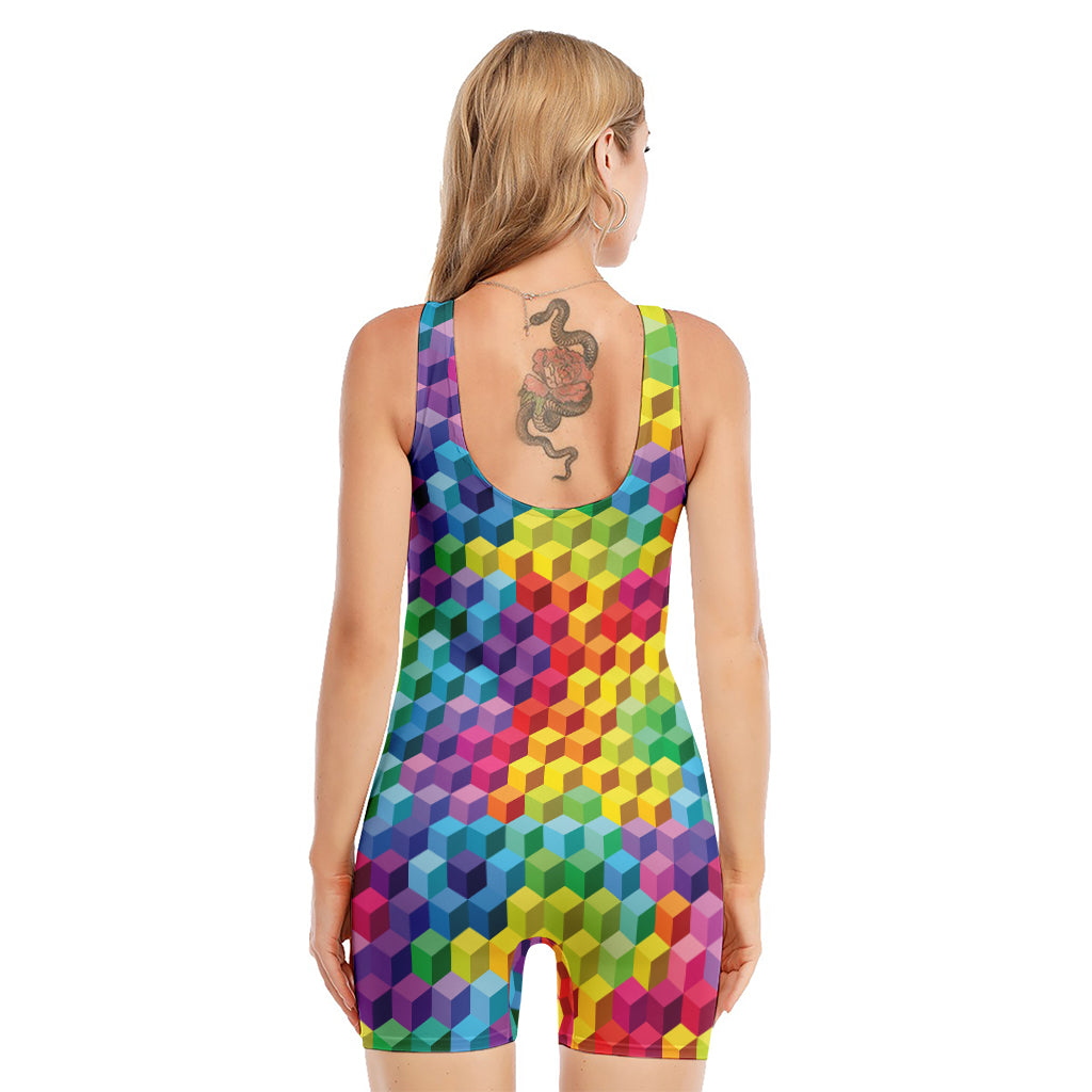 Rainbow Cubes Pattern Print Sleeveless One Piece Swimsuit