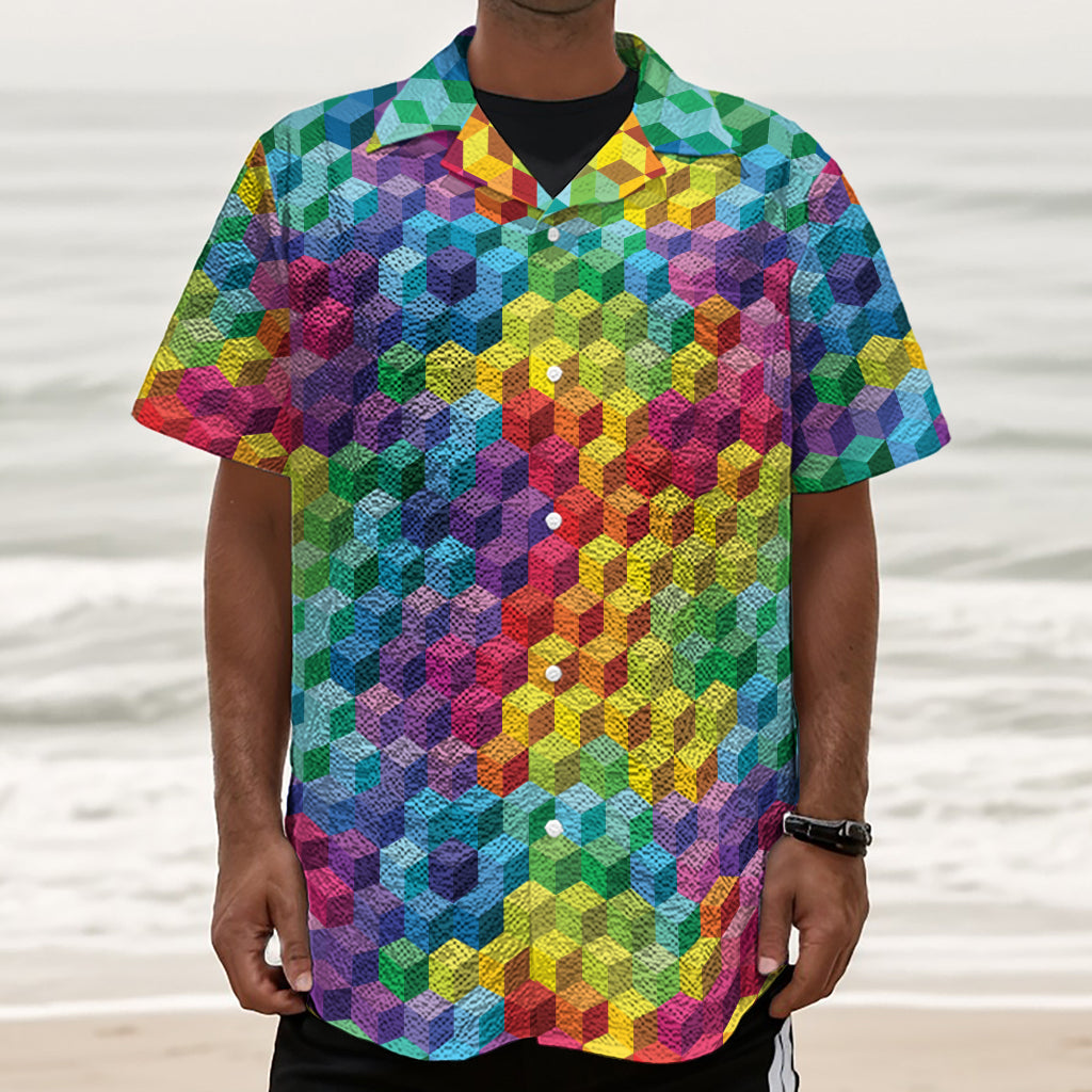 Rainbow Cubes Pattern Print Textured Short Sleeve Shirt