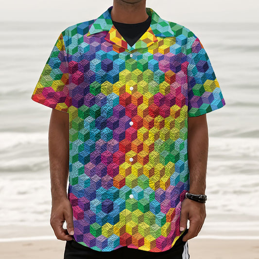 Rainbow Cubes Pattern Print Textured Short Sleeve Shirt