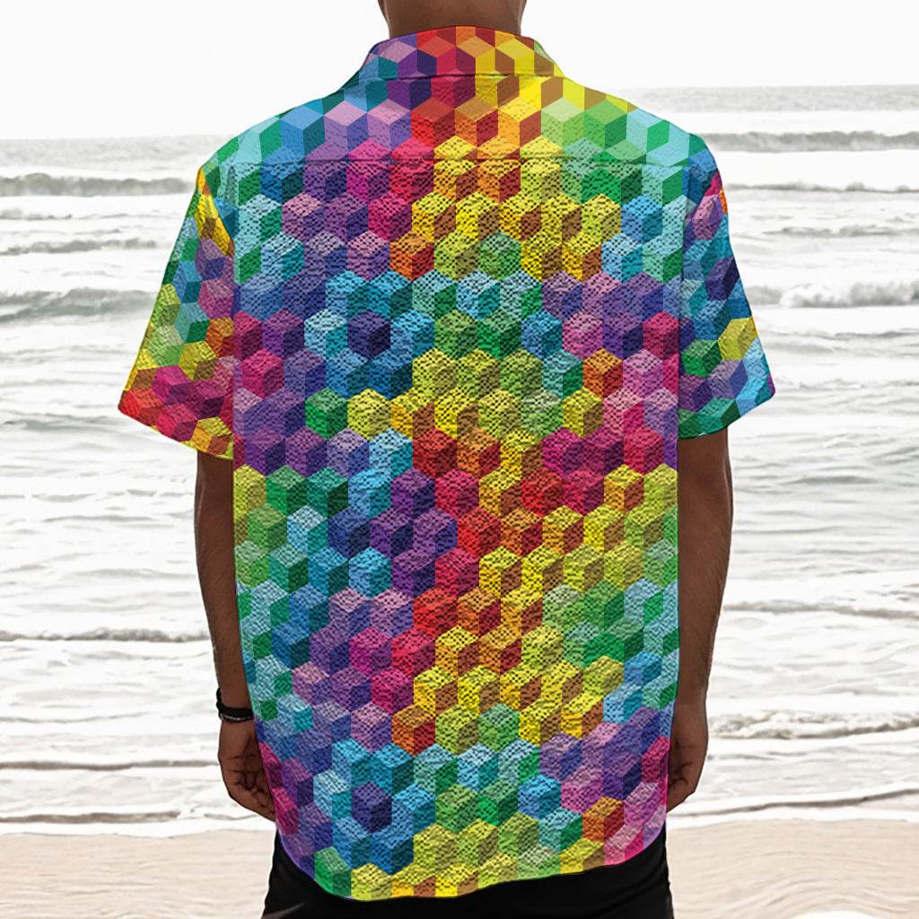 Rainbow Cubes Pattern Print Textured Short Sleeve Shirt