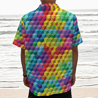 Rainbow Cubes Pattern Print Textured Short Sleeve Shirt
