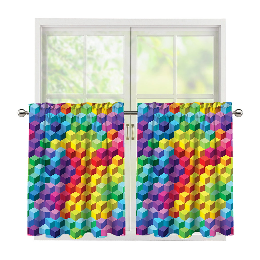 Rainbow Cubes Pattern Print Tier Curtains